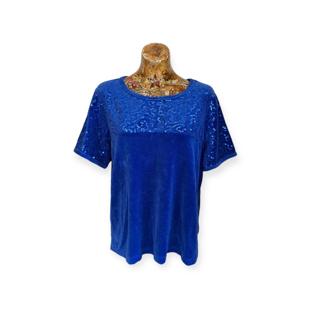 Quacker Factory Blue Sequin Short Sleeve Tee top holiday party XL